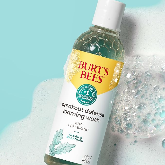 Burt’s Bees Foaming Face Wash, BHA Breakout Defense Cleanser for All Skin Types, Washes Away Impurities & Excess Facial Oil, With a Prebiotic, 8 Oz.