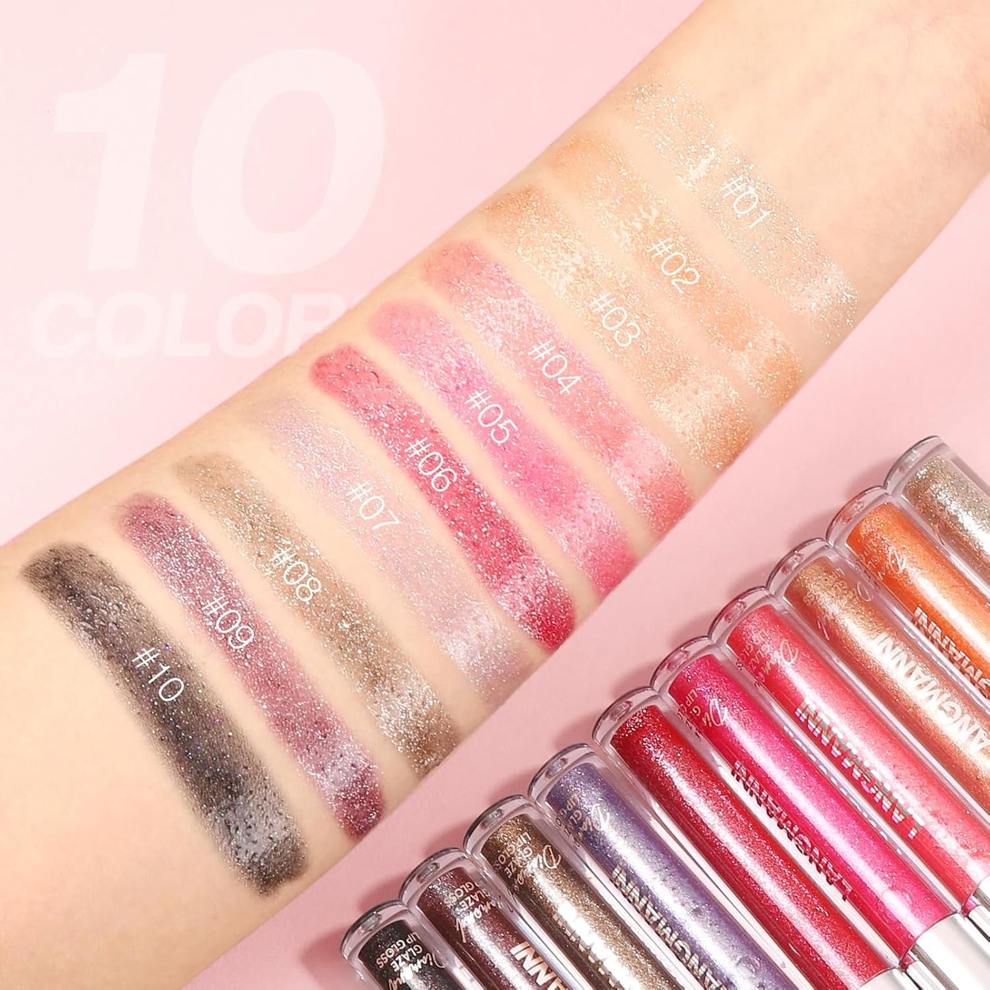 LANGMANNI 2 Colors Diamond Glitter Lip Gloss Set,Long Lasting High Shine Shimmer Liquid Lipstick Set,Hydrating,Moisturizing Lip Gloss Kit Gift Makeup For Girls(#09+10)