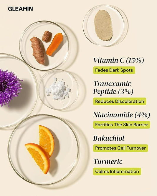 Gleamin Superactive Vitamin C Serum – 15% Vitamin C, 3% Tranexamic Acid, 4% Niacinamide & Bakuchiol – Reduces Discoloration, Uneven Tone, Brightens Skin & Smooths Texture – Fragrance-Free, 1 fl oz