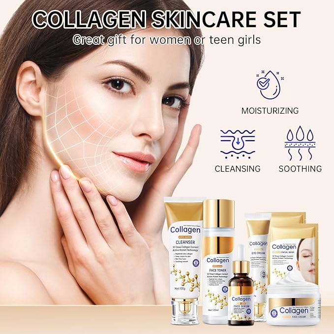 Collagen Skin Care Set, Anti Aging Skincare Set for Wrinkles & Fine Lines, Shrink Pores, Hydrate & Firm Skin, 7 Pcs Skincare Kits for Women with Cleanser, Toner, Serum, Cream, Eye Cream, 2 Pcs Masks.