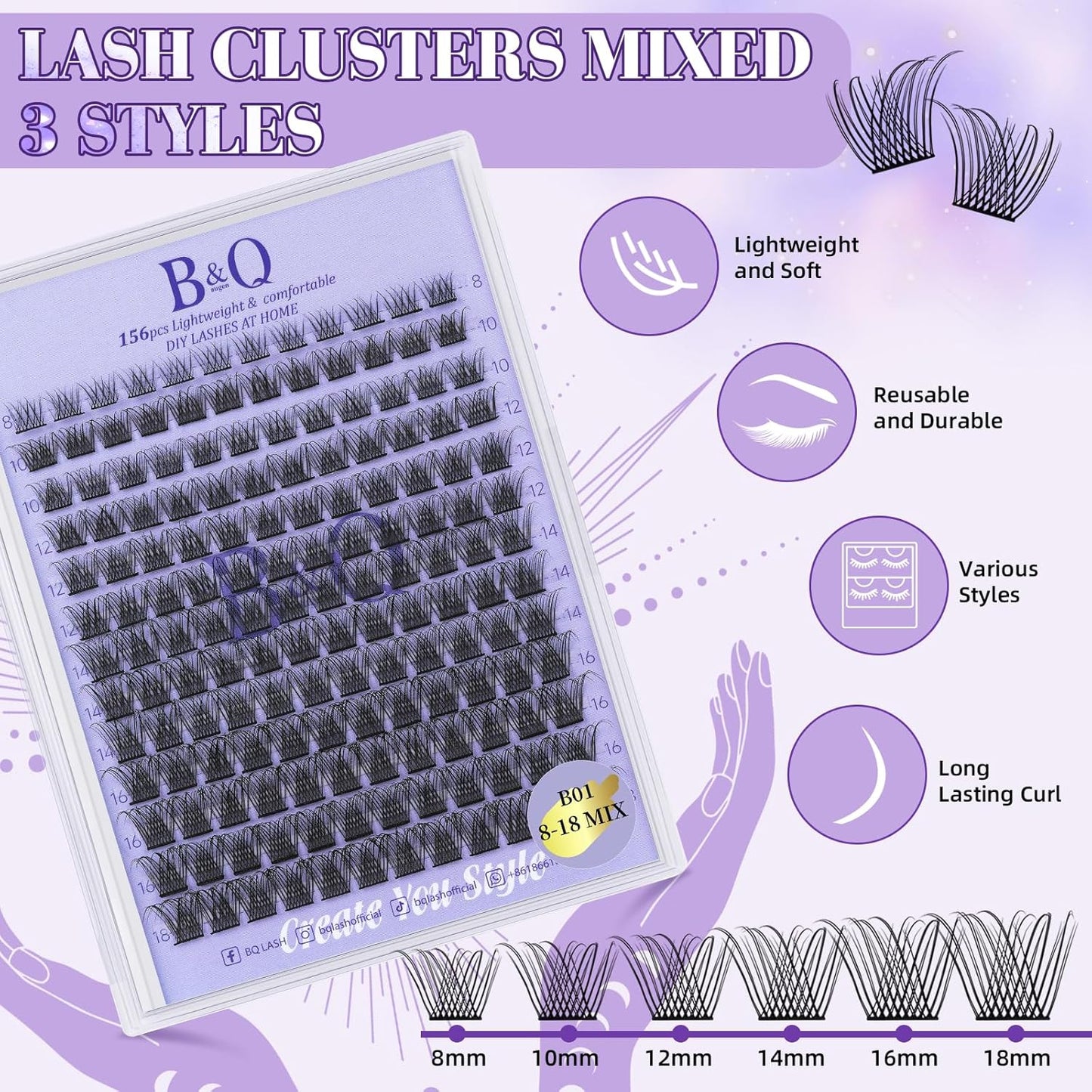 Lash Extension Kit B01 Eyelash Extension Kit B&Qaugen DIY Lash Extension Kit 156 PCS Lash Clusters 8-18mm Cluster Eyelash Extensions Kit with Lash Bond and Seal Lash Applicator Tool (Kit,B01)