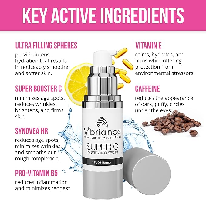 Vibriance Super C Serum for Mature Skin - All-in-One Vitamin Formula Hydrates, Firms, Lifts, Smooths, Targets Age Spots, Wrinkles, 1 fl oz