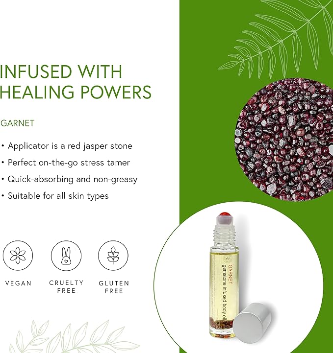 Honeybee Gardens Crystal Infused Body Oil Rollerball, Garnet, Organic, Moisturizing, Non-Greasy, for All Skin Types, 2 Fl Oz