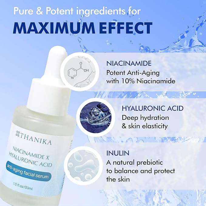 10% Niacinamide Serum with Hyaluronic Acid, Anti-Aging and Moisturizer, All Skin Type Face Serum for Women 1 fl oz.