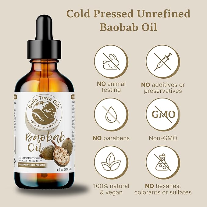 Bella Terra Oils - Baobab Oil 4oz - Luxurious Oil with Palmitic & Linoleic Acid, Perfectly Blended Nature's Bounty for a Glowing Skin