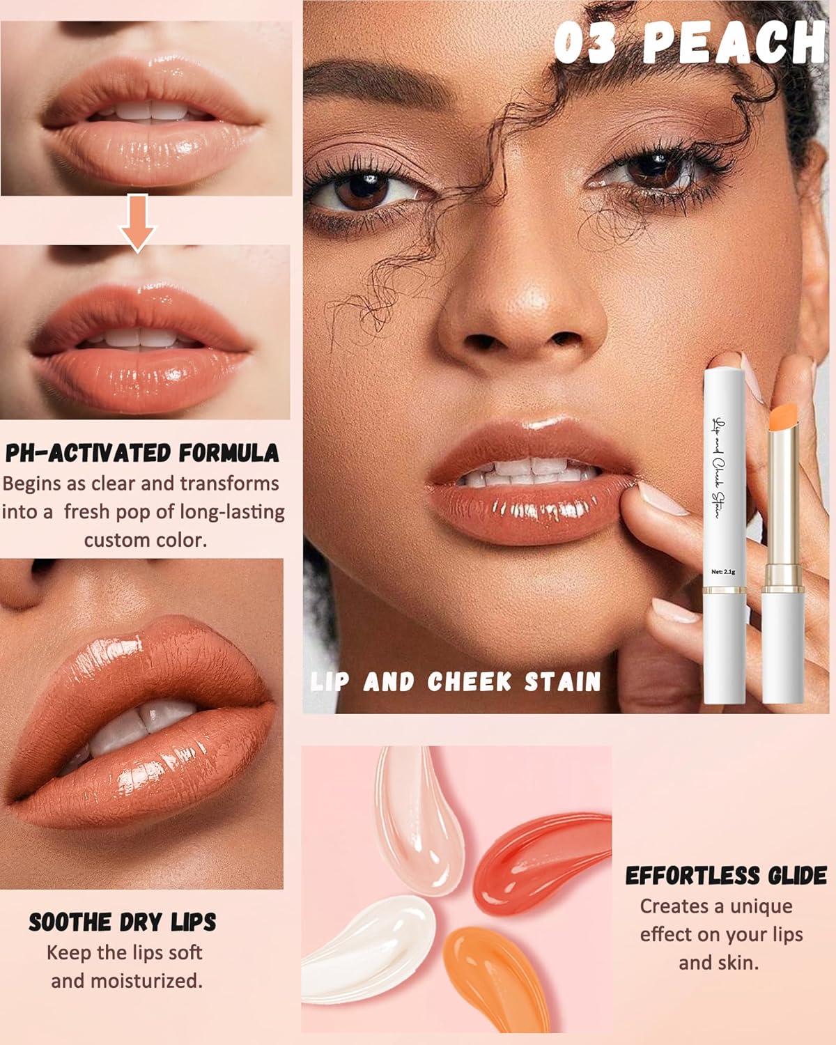 PH Color Changing Lipstick, Waterproof Temperature Color Change Lip Balm, Multi-Use Lip and Cheek Tinted Lip Gloss, Long-Lasting Hydrating Moisturizing Lip Tint,Festival Makeup Gift for Women-03 Peach