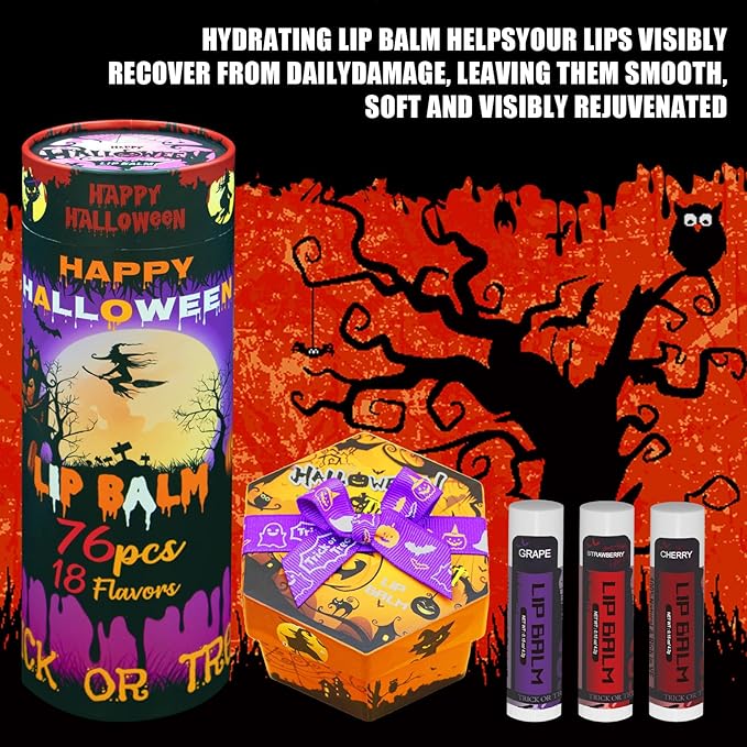 Yopela 76 Pack Halloween Natural Lip Balm Bulk with Vitamin E and Coconut Oil Lip Care Set - Moisturizing, Soothing, and Repairing Dry and Chapped Lips - 18 Flavors - Non-GMO