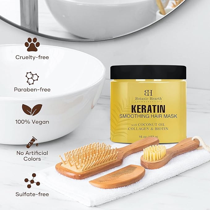 Botanic Hearth Keratin Hair Mask - Biotin, Collagen & Coconut Oil - for Dry Damaged Treated Hair - Restore, Repair, Smoothing, Conditioning & Strengthen All Hair Types - for Men & Women - 16 oz