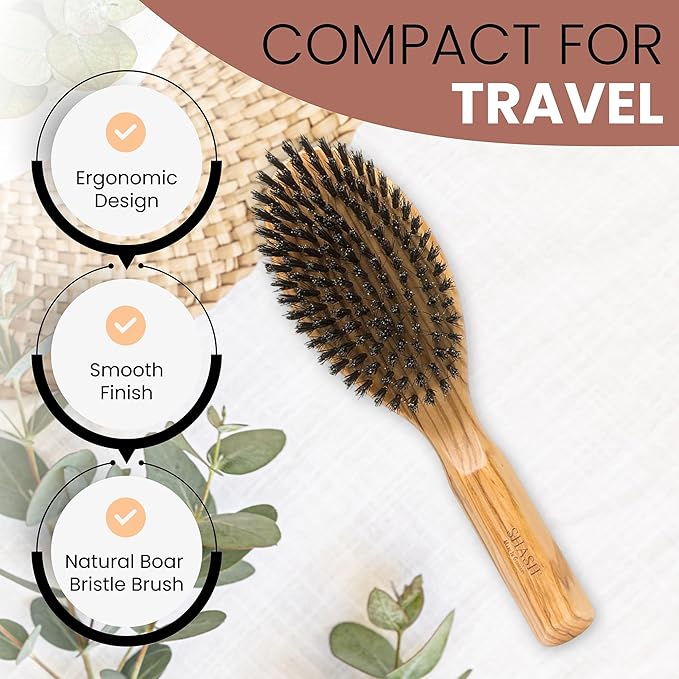 SHASH Everyday 100% Boar Bristle Hair Brush - Made in Germany | Suitable For Thin To Normal Hair, Firm, and Naturally Conditioning | Enhance Texture, Exfoliate, and Stimulate the Scalp