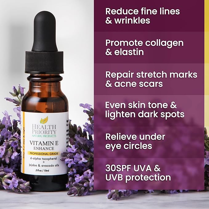 Health Priority Vitamin E Oil - 15,000 IU Vitamin E Serum for Face and Hair - Organic, Handmade - Non-GMO, Gluten-Free, Vegan - Oil for Scars, Wrinkles, Stretch Marks - Scented, 0.5 Fl Oz
