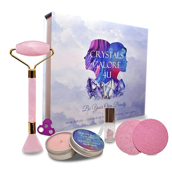 Rose Quartz Face Roller Gua Sha - Rose Quartz Gua Sha Skin Care Set Includes Pink Face Roller & Scraper Tool, Face Sponge, Scented Candle, & Crystal Oil Bottle