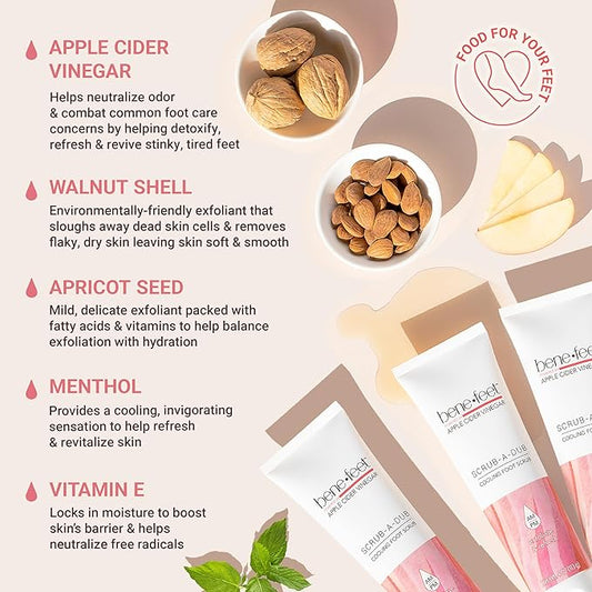 Benefeet Scrub-A-Dub Cooling Foot Scrub - Exfoliates + Refreshes Dry + Dull Skin, Get Smoother Skin from Heel to Toe, Made w/Vitamin E, Apple Cider Vinegar, Walnut Shell + Apricot Seed, 4 oz (3 Pack)