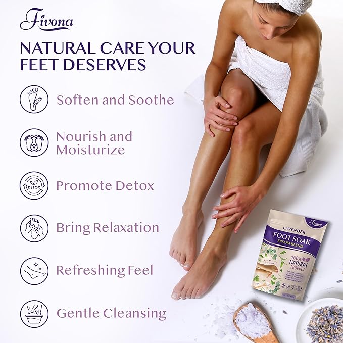Fivona Foot Soak Blend Epsom Salt with Lavender 14.1 oz - Calming Foot Bath Salt, Relax & Renew Tired Feet, Soothe Soreness, Soften Calluses - Rejuvenating Pedicure Spa at Home
