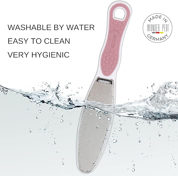 Made in Germany Double Sided Foot File Callus Remover, Stainless Steel and Emery Sides Feet Scrubber, Professional Pedicure Foot Care Tool Rasp, Long Lasting Foot Buffer, Heel Scraper, Wonder Pedi