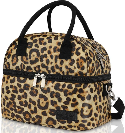 BALORAY Lunch Bag for Women Men, Double Deck Lunch Box for Adults, PU Leather Lunch Tote Bag Insulated Lunch Bags with Strap for Work Office Picnic