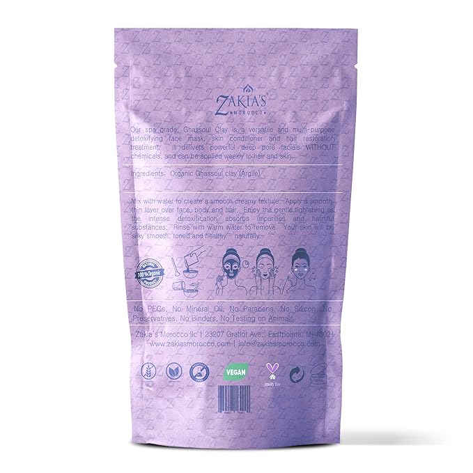 Zakia's Moroccan Rhassoul Clay Mask (Lavender)- Organic Face and Body Clay - Anti-aging Mud Mask for Dry & Oily Skin, Acne, Eczema & Psoriasis - 8 Oz