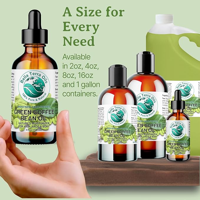 Bella Terra Oils - Green Coffee Bean Oil 8 oz - Famed for Trigonelline & Nutritional Compounds, Elevate Beauty Rituals with this Caffeine Oil Delight