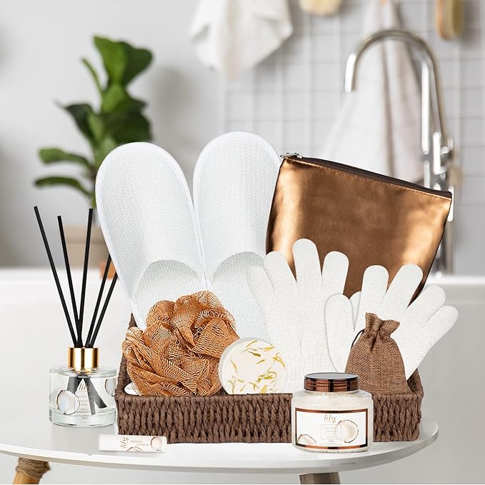 Mothers Day Gifts for Mom Coconut Vanilla Spa Gift Basket for Women 17-Piece Luxury Bath and Body Basket Set with Shower Gel Diffuser Relaxing Self Care Pampering Gifts for Her Birthday Bridal Shower