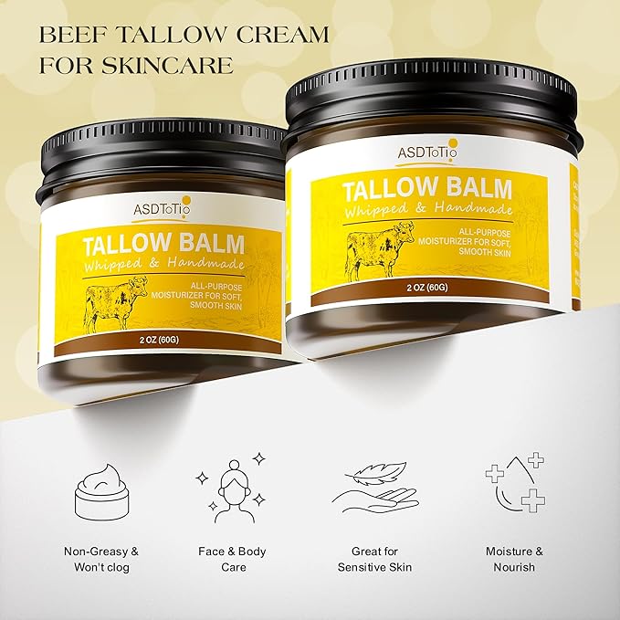 Handmade Whipped Tallow Balm for Skin Care- All Natural Grass Fed Beef Tallow All Purpose Balm,Face and Body Moisturizing Cream, Tallow Balm For Dry Skin- 2 oz