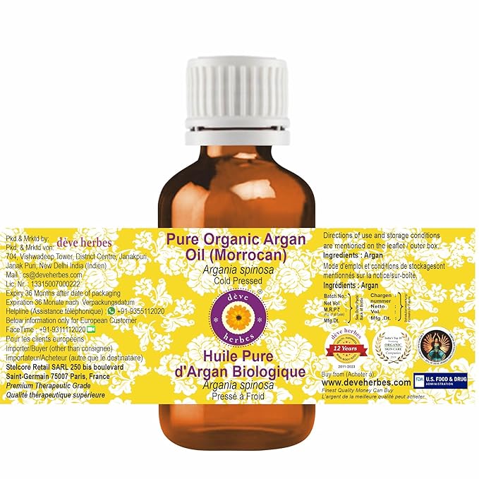 dève herbes Pure Organic Argan Oil (Morrocan) (Argania spinosa) Cold Pressed 10ml (0.33 oz)
