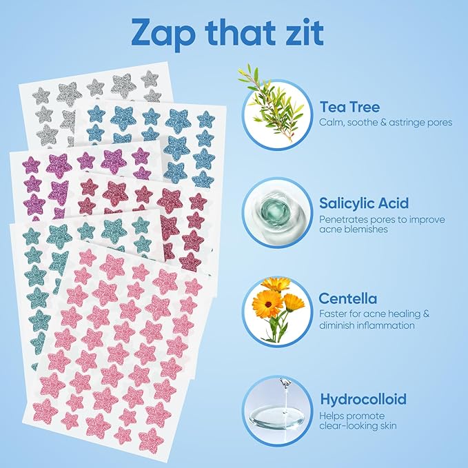 Pimple Patches for Face, Hydrocolloid Acne Patches, Sparkling Star Zit Covers, Colorful Spot Stickers with Tea Tree, Salicylic Acid & Cica Oil| 3 Sizes (10mm, 12mm & 14mm) |240 Count