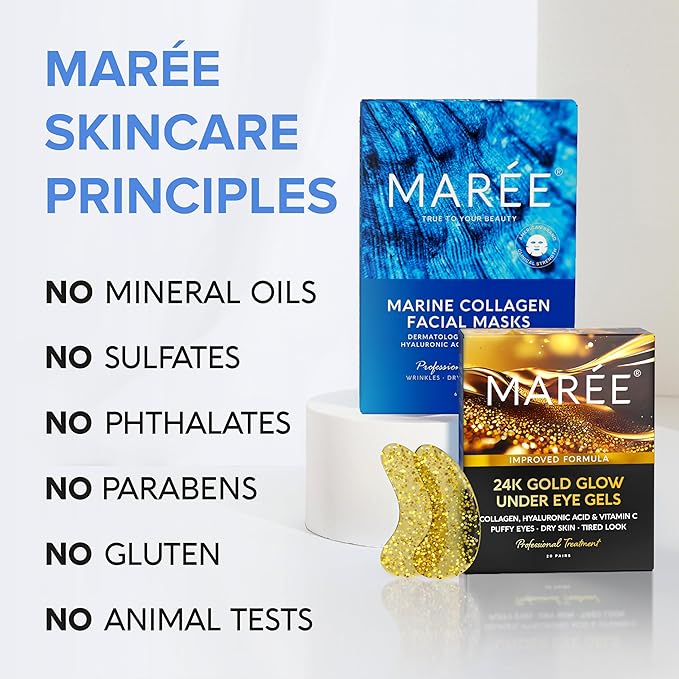 MAREE Ultimate Eye and Face Revitalization Bundle - 24K Gold Under Eye Patches & Collagen Facial Masks for Ageless Beauty for Total Skin Rejuvenation