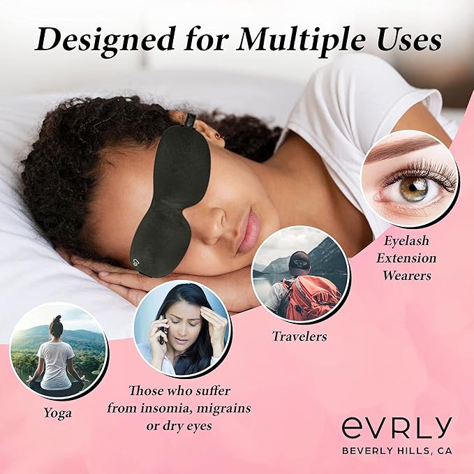 Beverly Hills Eye Mask Designed for Eyelash Extensions, 3D Contoured Design, Soft Fabric, Deep Eye Cavities, Form Fitting, Adjustable Headband Strap, No Pressure Sleep & Travel Eye Mask (Black)