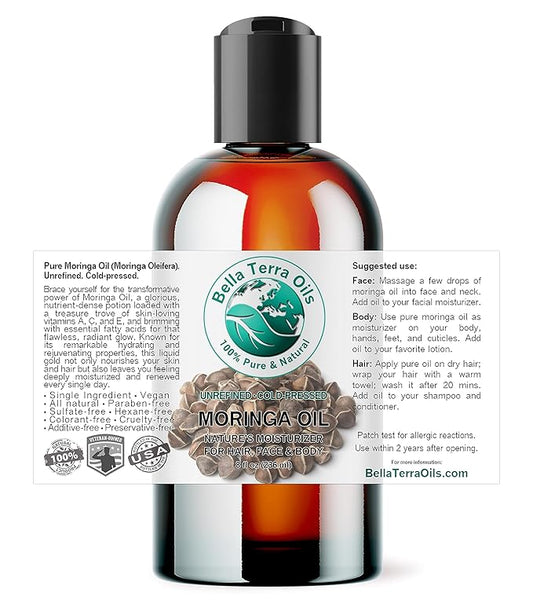 Bella Terra Oils - Organic Moringa Seed Oil 8 oz - Dive into the Essence of Organic Moringa, Rich in Unsaturated Fatty Acids, Elevate Your Skin's Softness and Glow