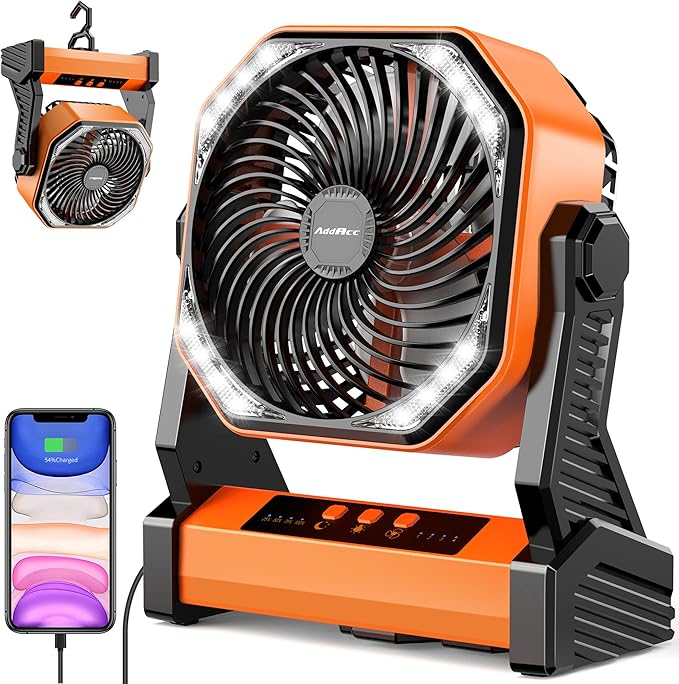 20000mAh Camping Fan, Rechargeable Portable Fan with 400 Lumes Light, 360° Rotatable Hook, 270° Pivot, 4 Speeds, 58Hrs Battery Powered for Tent Car Trip Outdoor BBQ Hurricane Power Outages