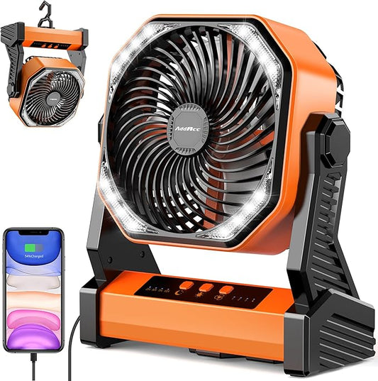 20000mAh Camping Fan, Rechargeable Portable Fan with 400 Lumes Light, 360° Rotatable Hook, 270° Pivot, 4 Speeds, 58Hrs Battery Powered for Tent Car Trip Outdoor BBQ Hurricane Power Outages