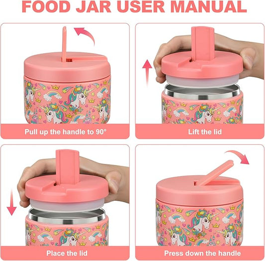 12oz Kids Soup Thermo for Hot Food Insulated Vacuum Food Jar with Buckle Lid, Stainless Steel Wide Mouth Leak Proof Lunch Container for School Travel-Pink