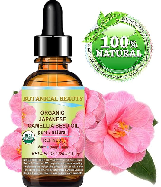 Botanical Beauty Japanese ORGANIC CAMELLIA Seed Oil. 100% Pure Natural Undiluted Refined Cold Pressed Carrier Oil to revitalize and rejuvenate the hair, skin and nails. 4 Fl. oz 120 ml