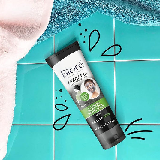 Bioré Charcoal Whipped Purifying Detox Mask, with Natural Charcoal, Deep Pore Cleansing, 4 Ounce, Dermatologist Tested, Non-Comedogenic, Oil Free