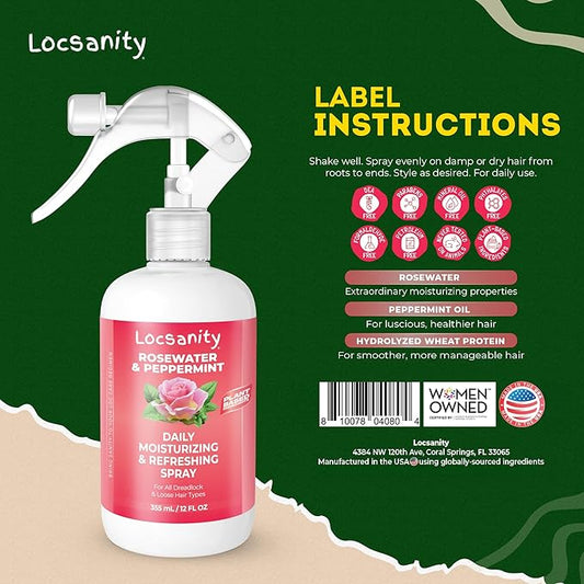 Locsanity Daily Moisturizing Refreshing Spray - Rose Water and Peppermint Hair Scalp Moisturizer for Locs and Dreadlocks (12oz)