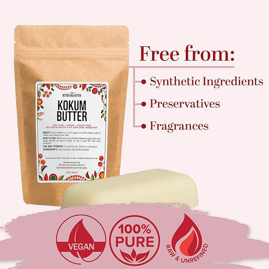 Raw Kokum Butter Unrefined - Body Butter Bar for Soap Making and DIY Skin and Hair Care Products - Pure, Unscented Moisturizer for Lotion Base - 8 oz Block