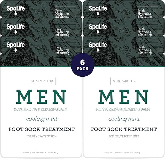 Spa Life Men's Cooling Mint Foot Repair Balm and Moisturizing Socks Set - Revitalizing Hydrating Foot Mask for Soothing Tired, Achy Feet and Softening Dry, Cracked Skin One Size Fits Most- 6 Pairs
