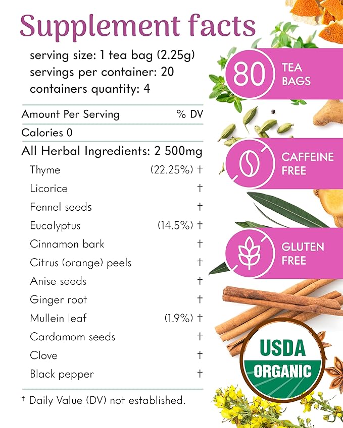 Adanim Bio Eucalyptus Mullein Tea Contains 20 Teabags of Organic Eucalyptus Leaves, Thyme, and Mullein, Providing Health Benefits to the Lungs