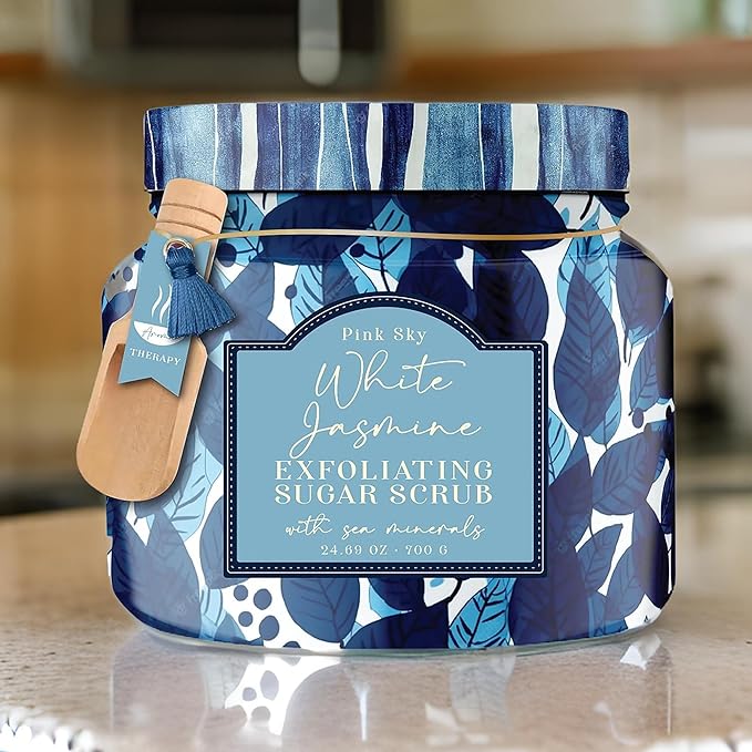 Pink Sky Exfoliating Body Scrub - Ultra Gentle Sugar Scrub for Smooth Skin - Premium Body Scrubs for Radiant, Soft Skin - Ideal Exfoliator for All Skin Types - 700g (White Jasmine, 24.69 Oz)