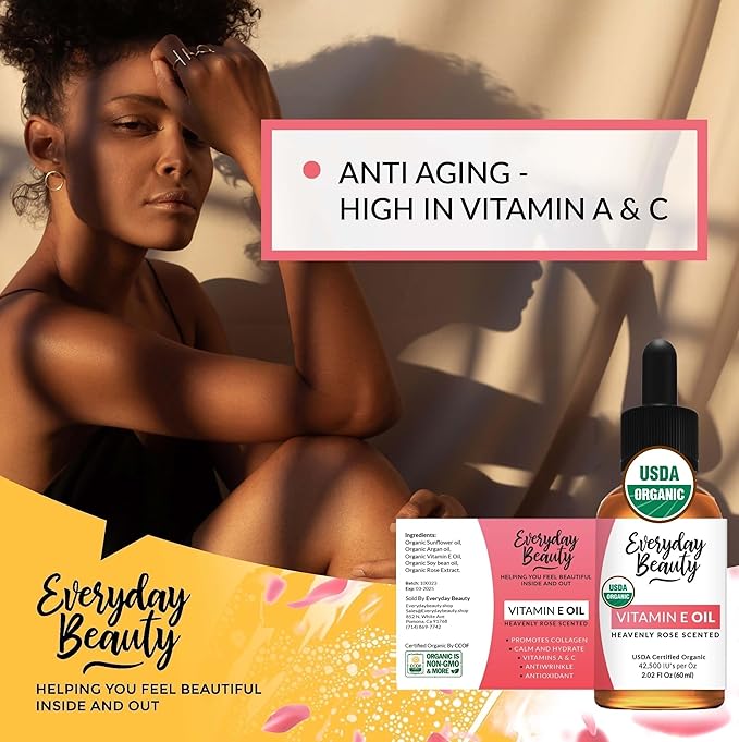 Organic Vitamin E Oil - Heavenly Rose Scented USDA Certified 100% All Natural Plant Based 2.02 Fl Oz Glass Bottle & Dropper - Lightweight & Great for Scars After Surgery - Reduce Wrinkles, Anti Aging