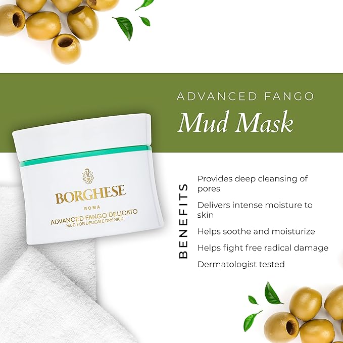 Borghese Advanced Fango Delicato Mud Musk - Hydrating Face Mask with Kaolin Clay, Aloe, Hydrolyzed Collagen & Hyaluronic Acid for Normal & Dry Skin