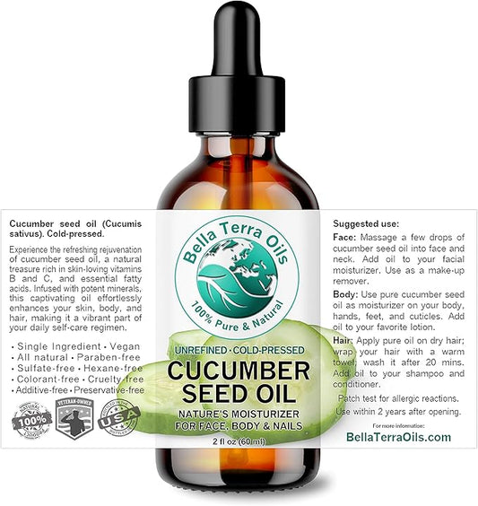 Bella Terra Oils - Cucumber Seed Oil 2 oz - Cold-Pressed Marvel, Packed with Vitamin E, B1, B2 & B3, Omega-6 Fatty Acids, Perfect Complement to Your Skin Regimen