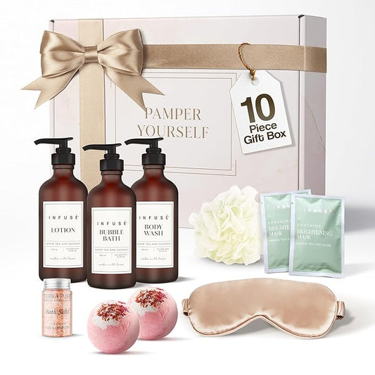 10-Piece Spa Gift Box for Women | Self-Care Set with Eye Mask, Loofa,Bath Bombs,Face Masks,Bubble Bath, Lotion, Body Wash & Bath Salt | Gift for Mom, Grandma, Wife, Bridesmaid or Loved Ones