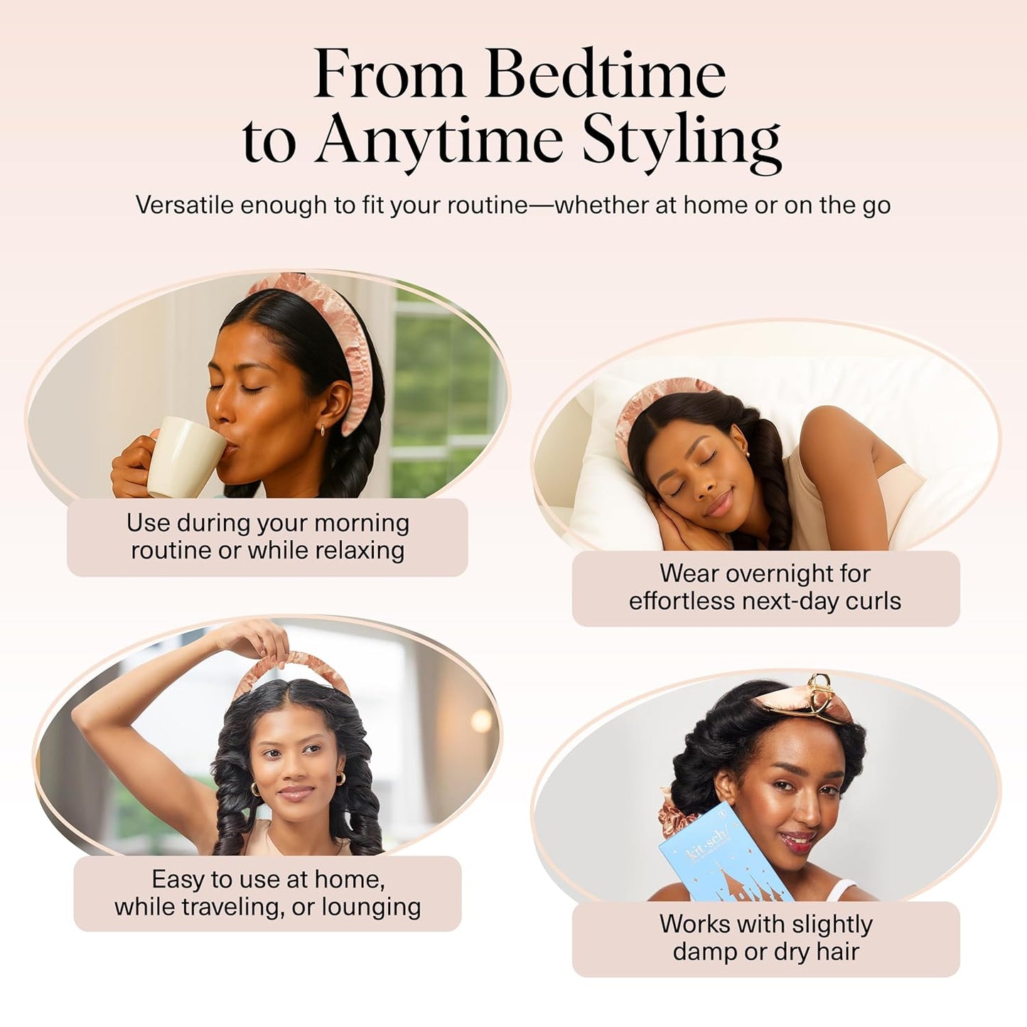 Disney & Kitsch Satin Heatless Hair Curler Set - Heatless Curls Overnight, Hair Rollers for Soft Curls & Frizz-Free Styling, No Heat Curlers To Sleep in, Curling Rod Headband - Princess Party