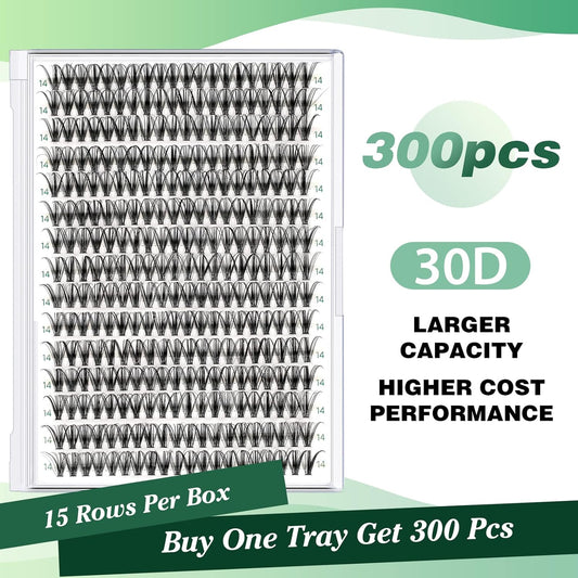 Lash Clusters 300pcs Individual Lashes 30D 0.07D Curl 14mm DIY Eyelash Extension KEYYOU Large Tray Volume Soft&Natural Eyelash Clusters(30D-0.07D,14）