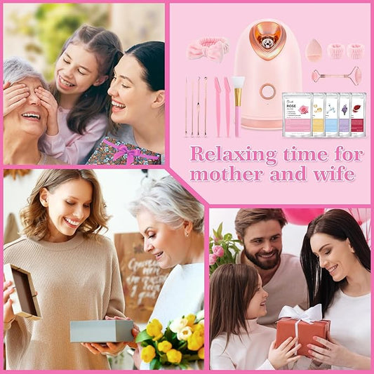 Facial Steamer Spa Kit with 17 Skin Care Tools, Nano Ionic Face Steamer for Deep Cleaning Unclogs Pores, Warm Mist Humidifier Steamer for Face Home Sauna SPA, Self Care Gifts for Women