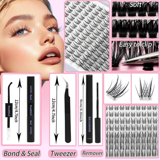 Lash Clusters Kit, Eyelash Clusters Individual Lash Extension Kit D Curl Fluffy Wispy False Eyelashes Extensions Thin Band with Bond Seal Tweezers Brush (Lash Clusters With Tool, SMY 8-16mm)