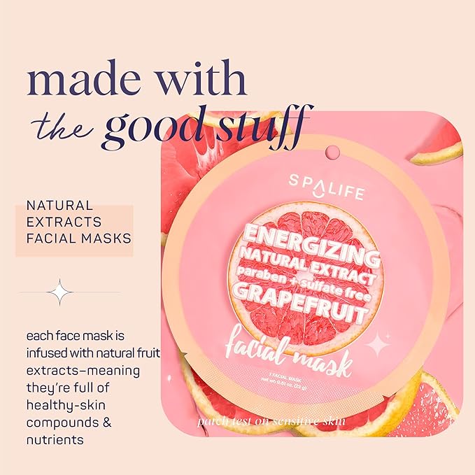 SpaLife Beauty Fruit Facial Sheet Masks 24 Pack – Face Masks Skincare Set – Hydrating Face Masks – 6 Natural Fruit Extract Formulas – Orange, Grapefruit, Coconut, Cherry, Avodcado, Cucumber