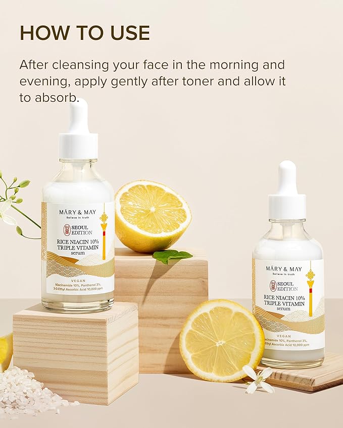 Mary&May SEOUL EDITION Rice Niacin 10% Triple Vitamin Serum - Korean Radiance Serum for Even Skin Tone and Healthy Glow - Niacinamide, and Vitamins - Fragrance-Free, Cruelty-Free, 2.7 fl.oz.