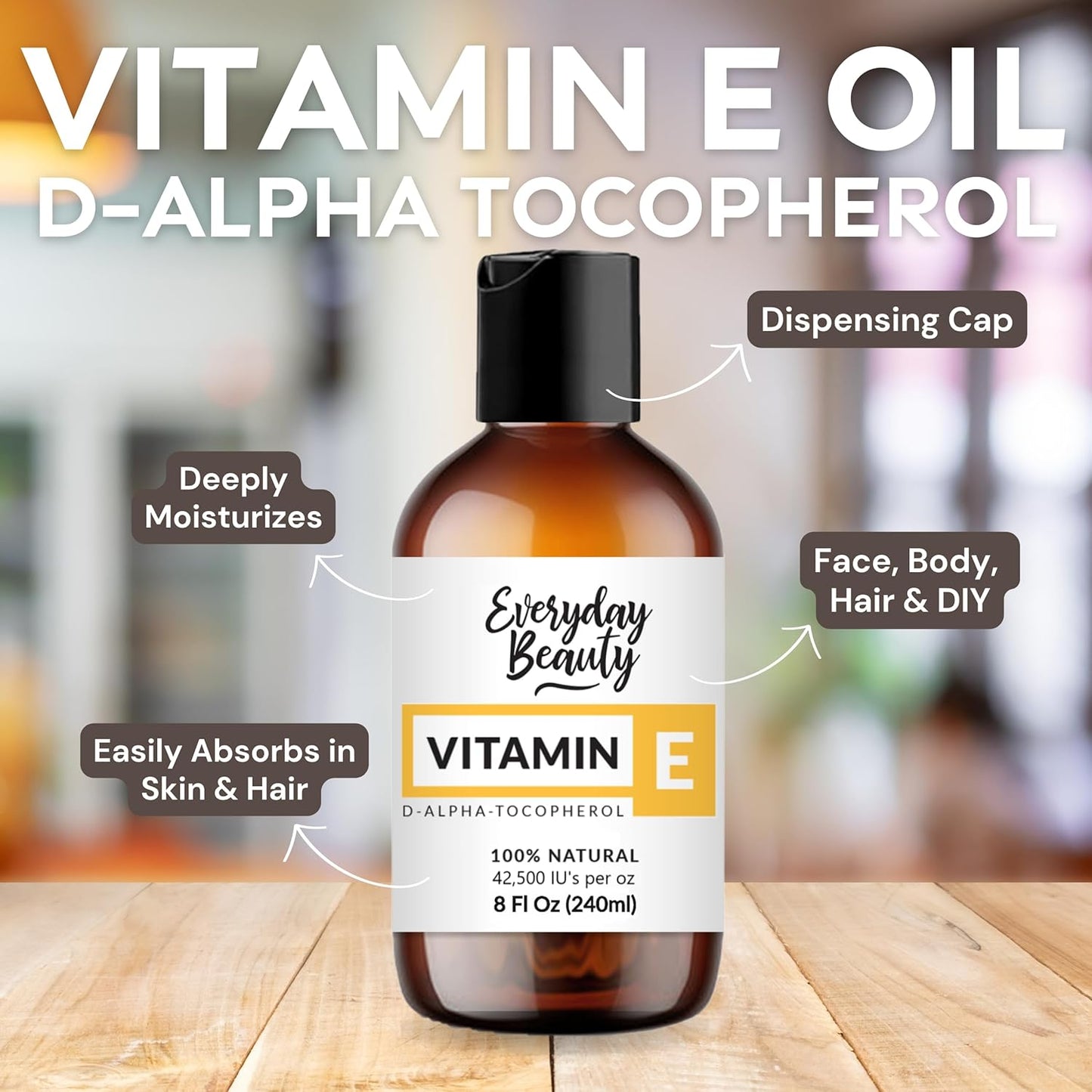 Pure Vitamin E Oil Bulk - 8 oz D-Alpha Tocopherol 100% Pure & All Natural 42,500 IU per oz - Not a Blend, Thick, Amber Color - From Wheat Germ - Face Body Hair - DIY Cosmetics & After Surgery Scars…