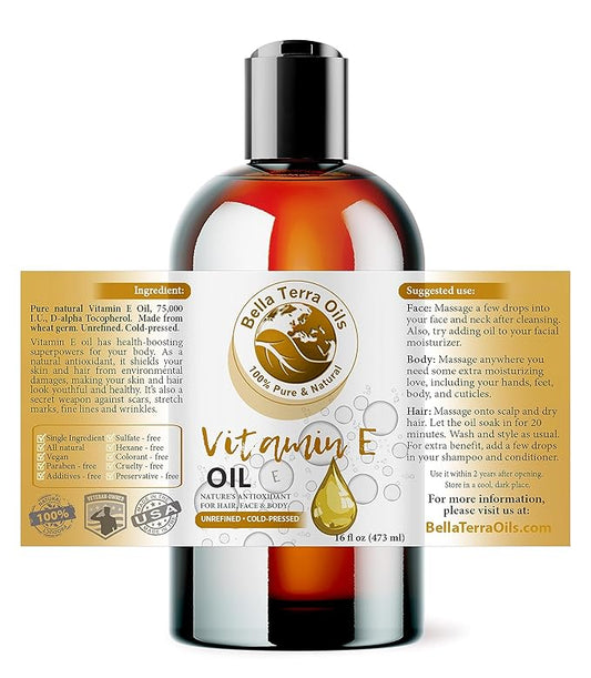 Bella Terra Oils - Organic Vitamin E Oil 16oz - Embrace the Purity of D-Alpha Tocopherol, The Strongest Form of Organic Vitamin E, Perfect Harmony with Skin's Natural Essence